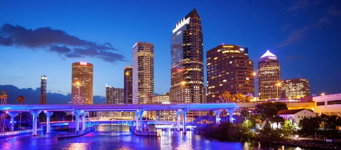 Downtown Tampa skyline at dusk over the Hillsborough River